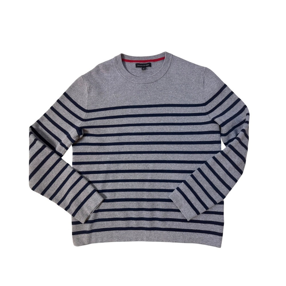Banana Republic Mens M Gray Navy Blue Striped Crewneck Cotton Blend Sweater